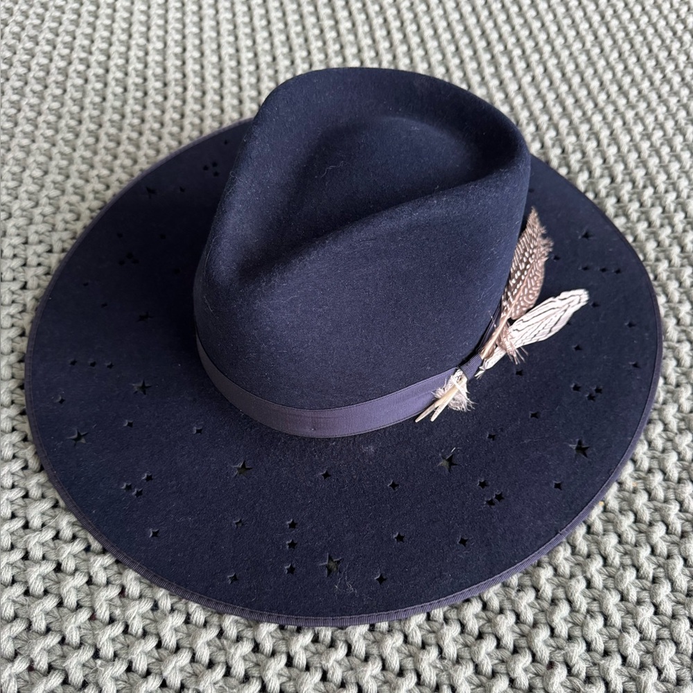 Stetson Night Sky Wide-Brim Fedora Hat, Large Navy with Feathers